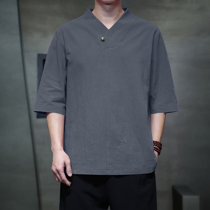 Buddha Stones Summer Casual Tang Style Mandarin Collar Solid Men's Short Sleeve Shirts - image 1