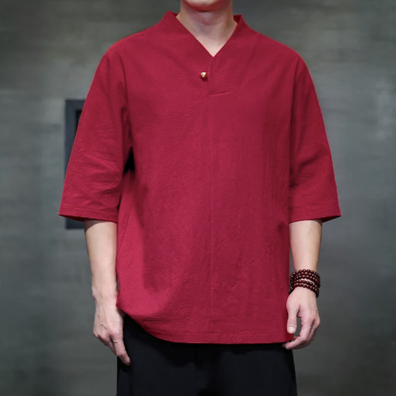 Buddha Stones Summer Casual Tang Style Mandarin Collar Solid Men's Short Sleeve Shirts - image 7