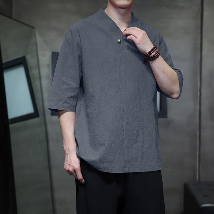 Buddha Stones Summer Casual Tang Style Mandarin Collar Solid Men's Short Sleeve Shirts - SlateGray - US/UK/AU46, EU56 (5XL) - image 0