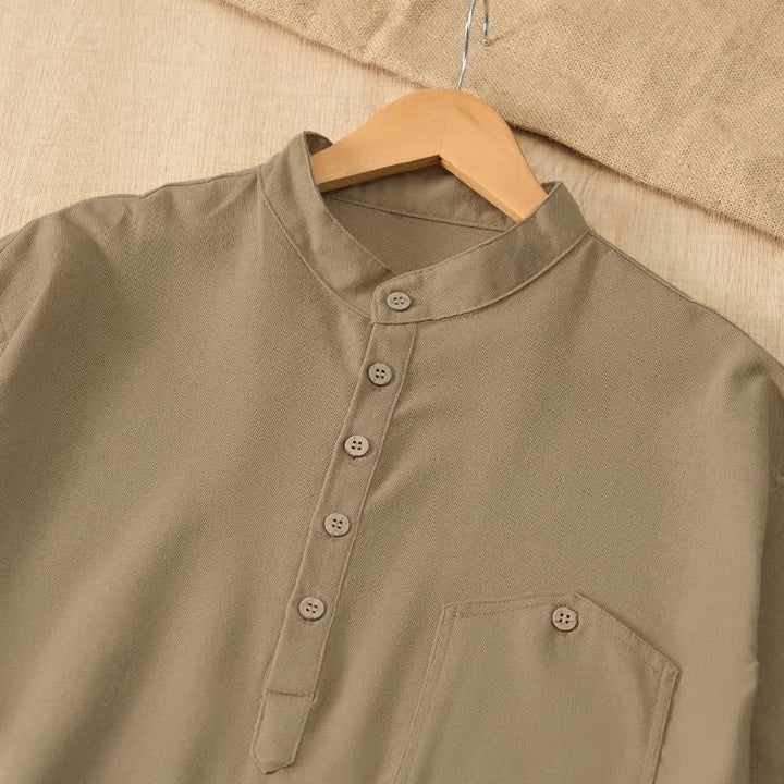 Buddha Stones Summer Casual Tang Style Mandarin Collar Solid Men's Short Sleeve Shirts With Pocket - image 4