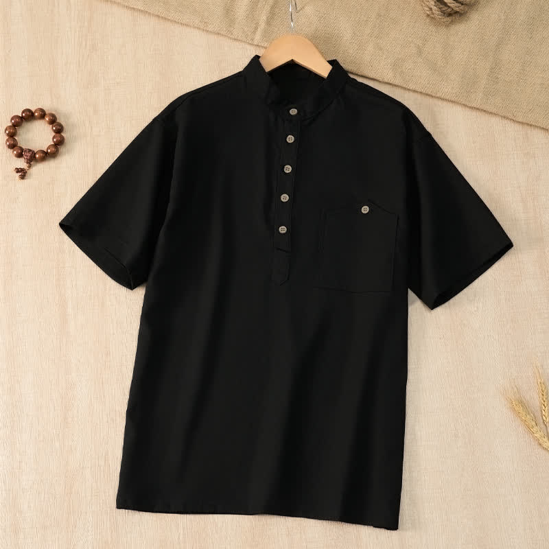 Buddha Stones Summer Casual Tang Style Mandarin Collar Solid Men's Short Sleeve Shirts With Pocket - image 12