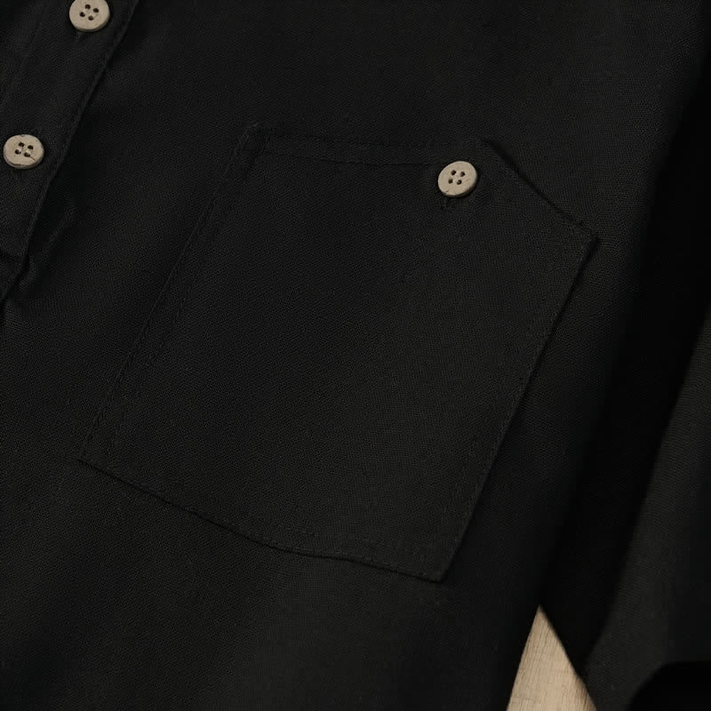 Buddha Stones Summer Casual Tang Style Mandarin Collar Solid Men's Short Sleeve Shirts With Pocket - image 16