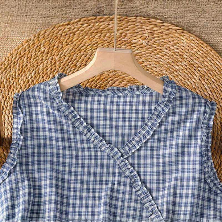 Buddha Stones Summer Casual Vintage Ruffle V-Neck Plaid Tank Top Women's Sleeveless T-Shirts - image 2