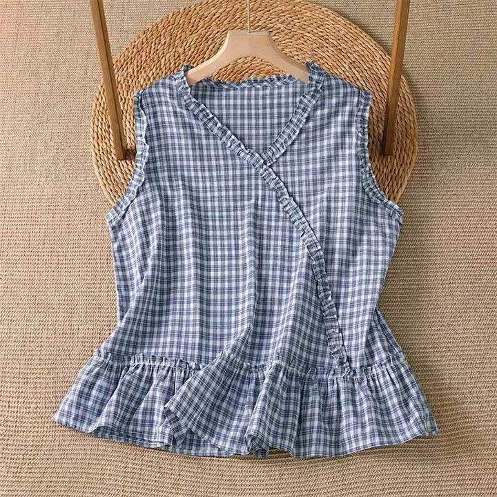 Buddha Stones Summer Casual Vintage Ruffle V-Neck Plaid Tank Top Women's Sleeveless T-Shirts - LightSteelBlue - US6, UK/AU10, EU38 (M) - image 0