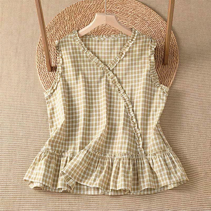 Buddha Stones Summer Casual Vintage Ruffle V-Neck Plaid Tank Top Women's Sleeveless T-Shirts - PaleGoldenrod - US6, UK/AU10, EU38 (M) - image 6