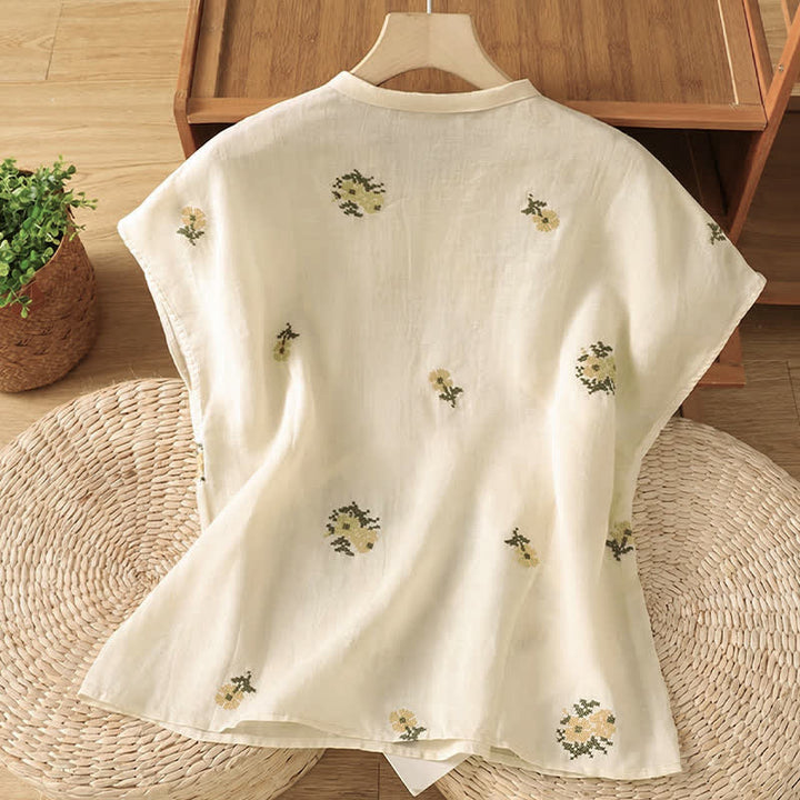 Buddha Stones Summer Casual Tang Style Mandarin Collar Embroidery Floral Tank Top Women's Sleeveless Shirts - image 1