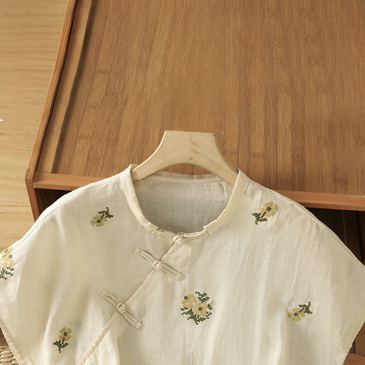 Buddha Stones Summer Casual Tang Style Mandarin Collar Embroidery Floral Tank Top Women's Sleeveless Shirts - image 2