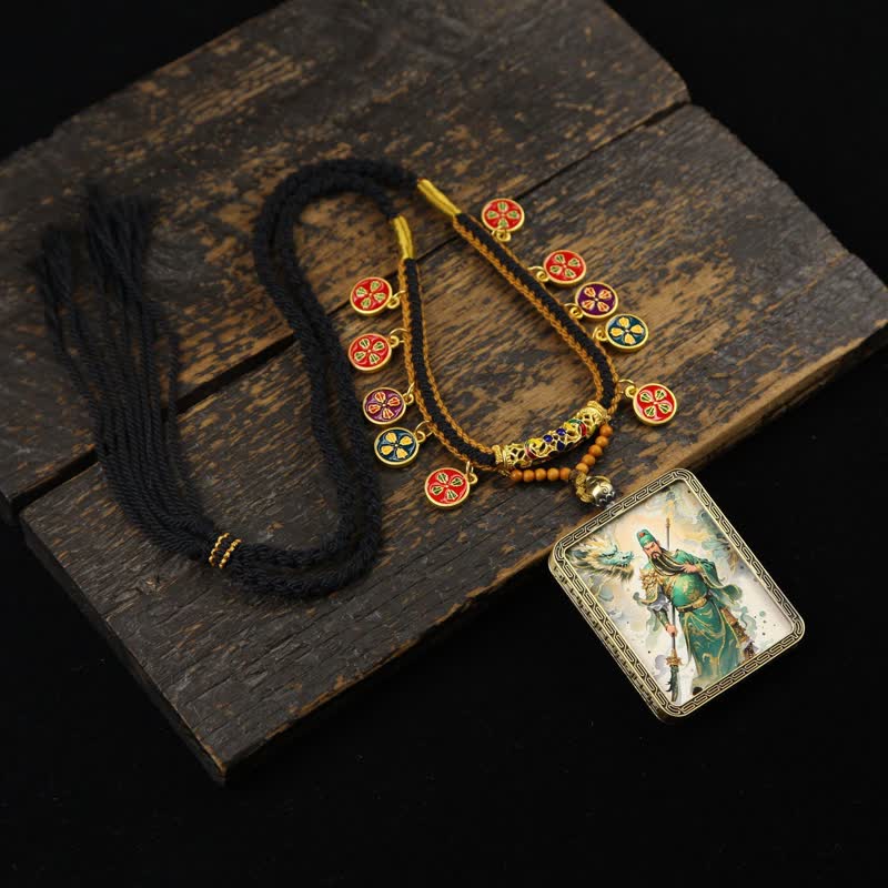 Buddha Stones Copper Lord Guan Protection Braided Tassel Thangka Necklace - image 1