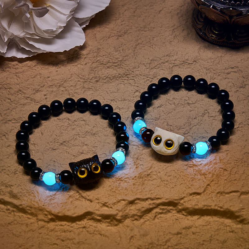 Buddha Stones Black Obsidian Hand-Carved Big Eye Cat Relief Bead Bracelet - image 0