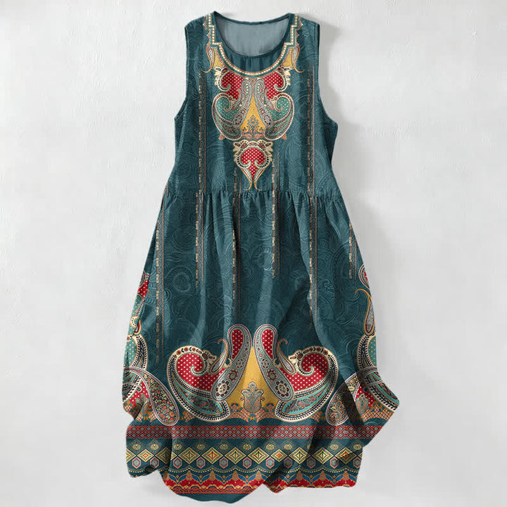 Buddha Stones Summer Casual Persian Paisley Border Pattern Women's Summer Sleeveless Midi Dress With Pockets - Teal - US16，UK/AU20，EU48 (3XL) - image 0