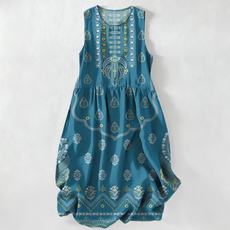 Buddha Stones Summer Casual Boho Paisley Medallion Pattern Women's Summer Sleeveless Midi Dress With Pockets - Teal - US16，UK/AU20，EU48 (3XL) - image 0