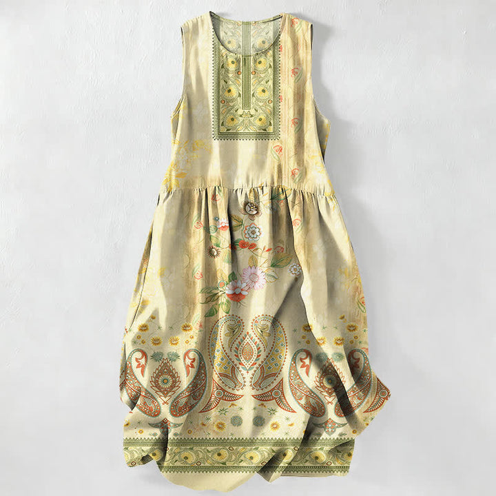 Buddha Stones Summer Casual Vintage Floral Medallions Leaves Pattern Women's Summer Sleeveless Midi Dress With Pockets - Yellow - US16，UK/AU20，EU48 (3XL) - image 4