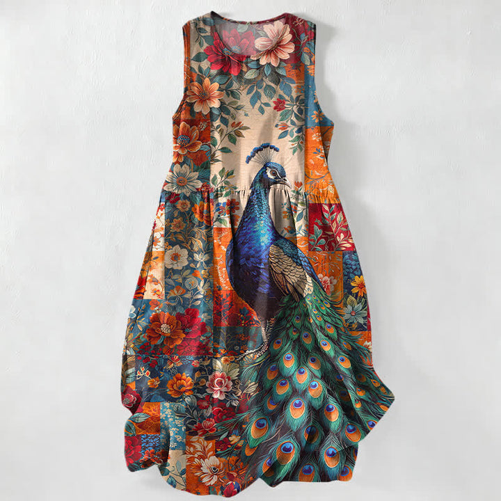Buddha Stones Summer Casual Peacock Floral Patchwork Pattern Women's Summer Sleeveless Midi Dress With Pockets - Coral - US16，UK/AU20，EU48 (3XL) - image 0