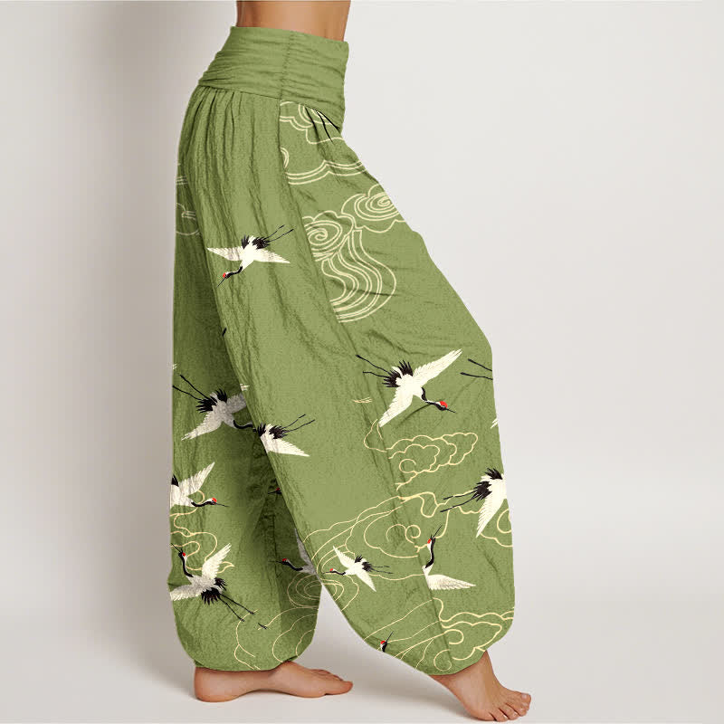 Buddha Stones Cotton Flying Crane Pattern Women's Elastic Waist Harem Pants - image 6