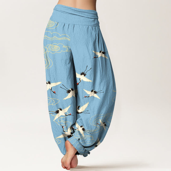 Buddha Stones Cotton Flying Crane Pattern Women's Elastic Waist Harem Pants - image 10