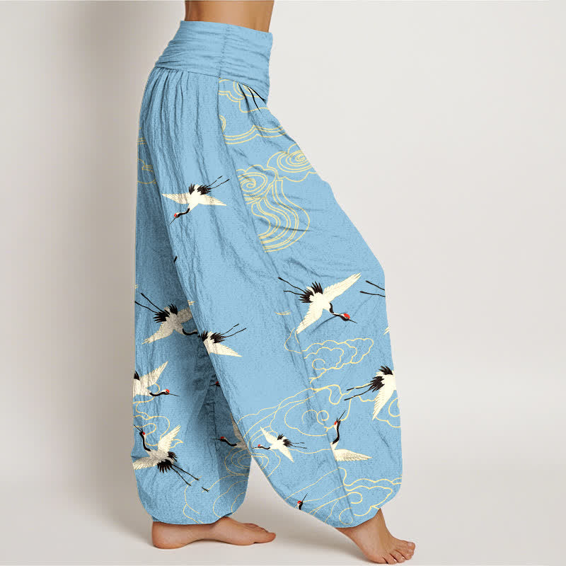 Buddha Stones Cotton Flying Crane Pattern Women's Elastic Waist Harem Pants - image 9