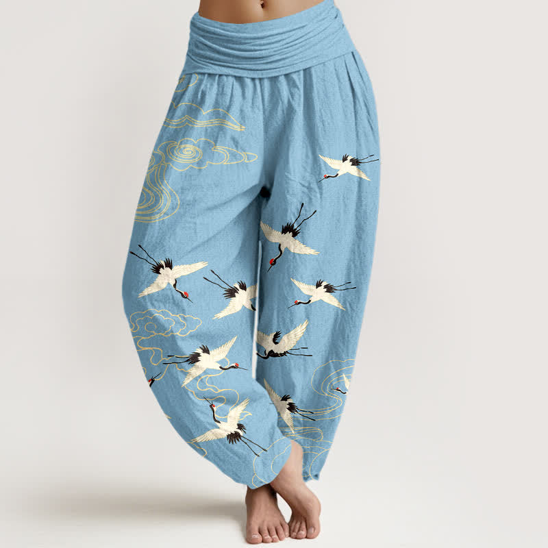 Buddha Stones Cotton Flying Crane Pattern Women's Elastic Waist Harem Pants - SkyBlue - US16，UK/AU20，EU48 (3XL) - image 8