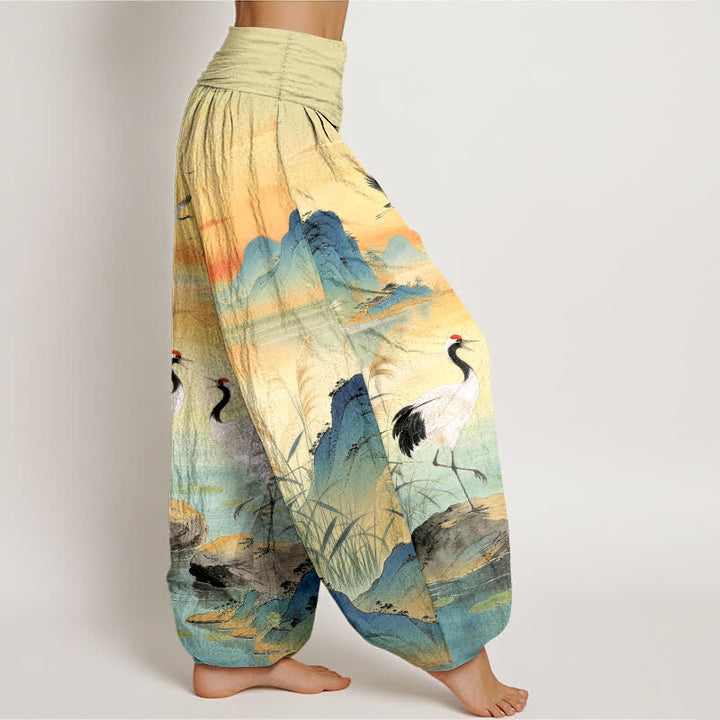 Buddha Stones Cotton Sunrise Mountain Crane Pattern Women's Elastic Waist Harem Pants - image 1