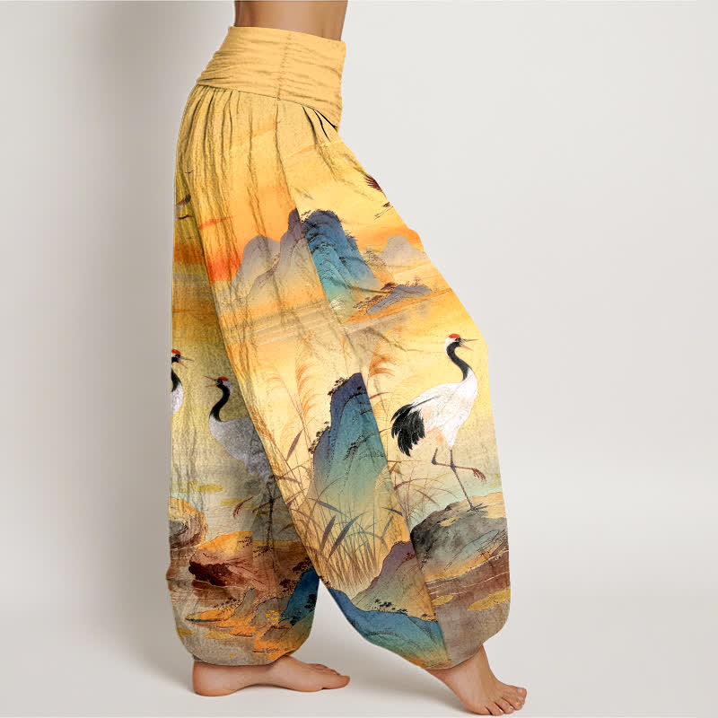 Buddha Stones Cotton Sunrise Mountain Crane Pattern Women's Elastic Waist Harem Pants - image 9