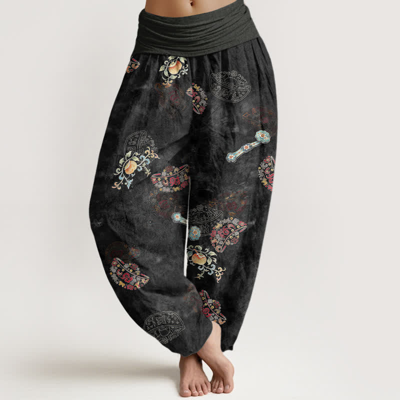 Buddha Stones Cotton Bohemian Floral Fan Pattern Women's Elastic Waist Harem Pants - Black - US16，UK/AU20，EU48 (3XL) - image 0