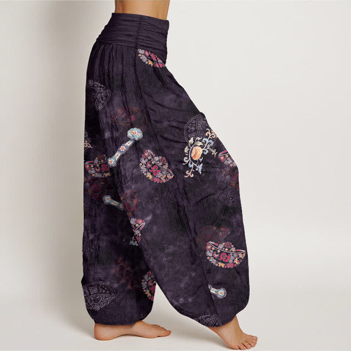 Buddha Stones Cotton Bohemian Floral Fan Pattern Women's Elastic Waist Harem Pants - image 6