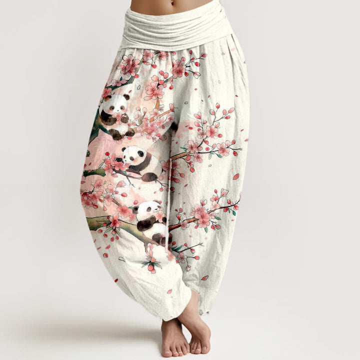 Buddha Stones Cotton Panda Sakura Blossom Pattern Women's Elastic Waist Harem Pants - White - US16，UK/AU20，EU48 (3XL) - image 0