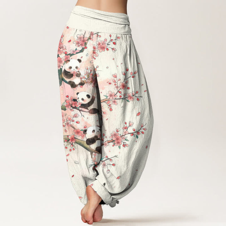 Buddha Stones Cotton Panda Sakura Blossom Pattern Women's Elastic Waist Harem Pants - image 2