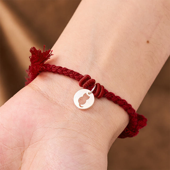 Buddha Stones 925 Sterling Silver Red String Protection Cat Round Hollow Design Charm Bracelet - image 15