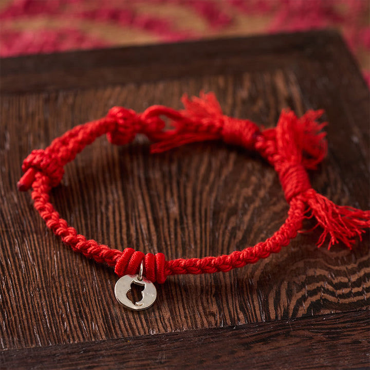 Buddha Stones 925 Sterling Silver Red String Protection Cat Round Hollow Design Charm Bracelet - image 2