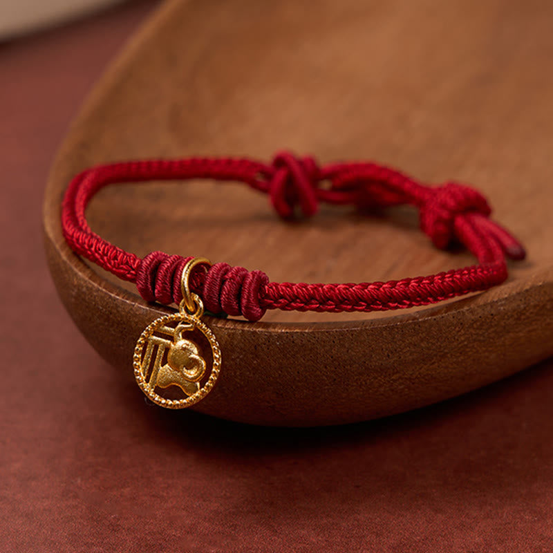 Buddha Stones Elephant Fu Character Gold Plated Copper Red String Wealth Bracelet - image 13