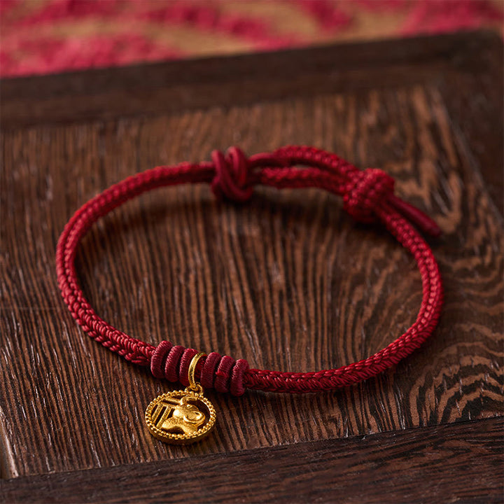 Buddha Stones Elephant Fu Character Gold Plated Copper Red String Wealth Bracelet - image 14