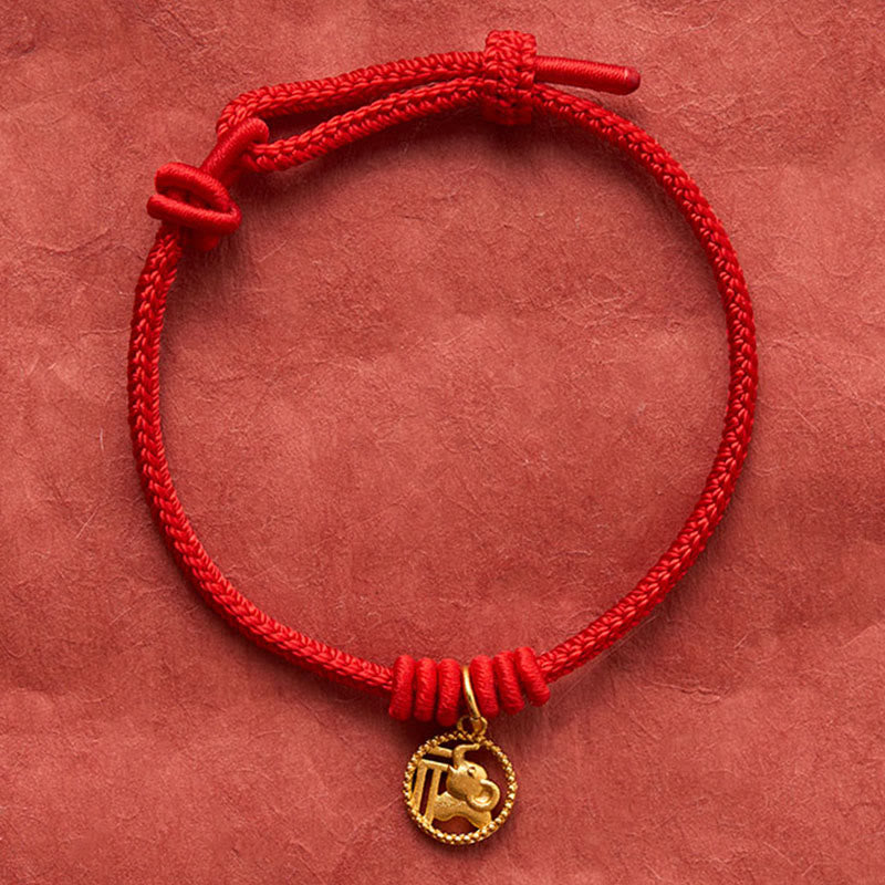 Buddha Stones Elephant Fu Character Gold Plated Copper Red String Wealth Bracelet - image 4