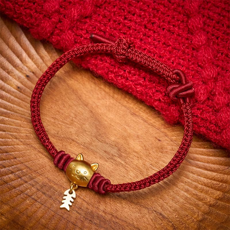 Buddha Stones Copper Cute Cat Fish Red String Healing Bracelet - image 1