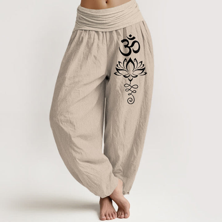 Buddha Stones Pure Cotton Lotus Om Pattern Women's Elastic Waist Harem Pants - Tan - US16，UK/AU20，EU48 (3XL) - image 11