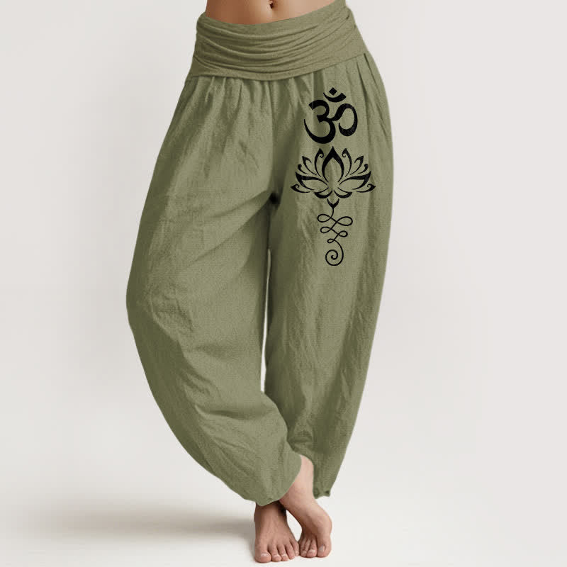 Buddha Stones Pure Cotton Lotus Om Pattern Women's Elastic Waist Harem Pants - OliveDrab - US16，UK/AU20，EU48 (3XL) - image 14