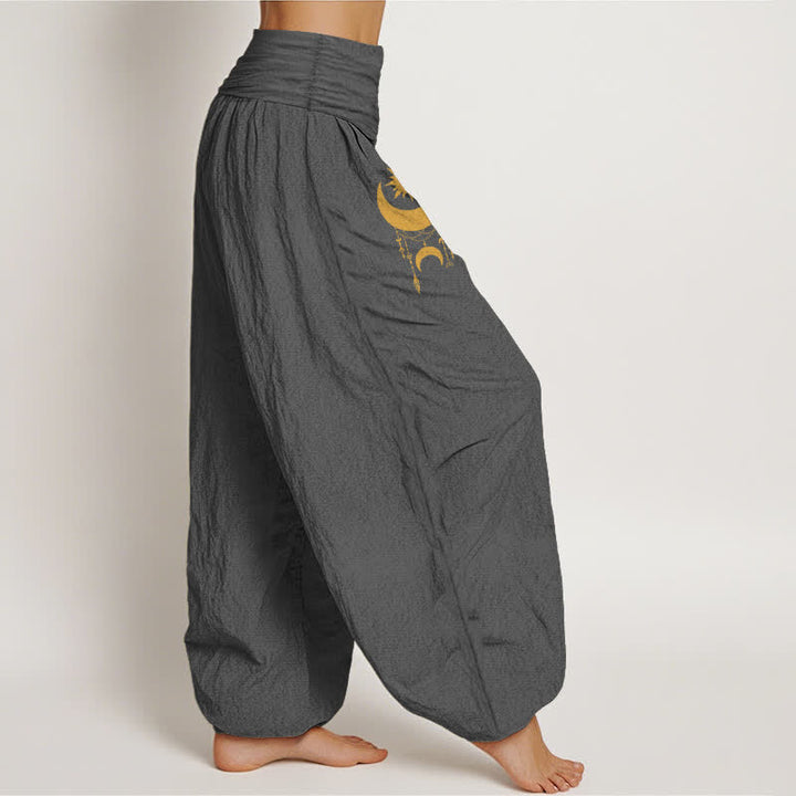 Buddha Stones Pure Cotton Golden Crescent Moon Stars Pattern Women's Elastic Waist Harem Pants - image 1