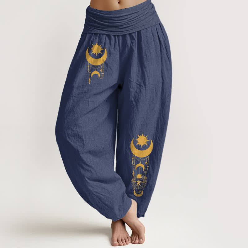 Buddha Stones Pure Cotton Golden Crescent Moon Stars Pattern Women's Elastic Waist Harem Pants - DarkSlateBlue - US16，UK/AU20，EU48 (3XL) - image 8