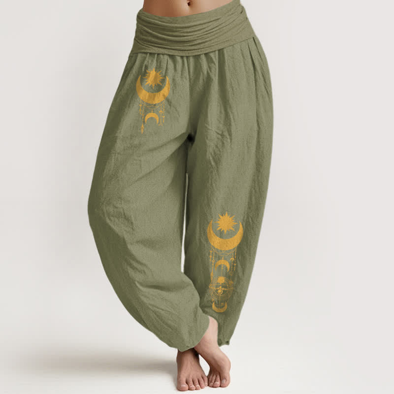 Buddha Stones Pure Cotton Golden Crescent Moon Stars Pattern Women's Elastic Waist Harem Pants - OliveDrab - US16，UK/AU20，EU48 (3XL) - image 11