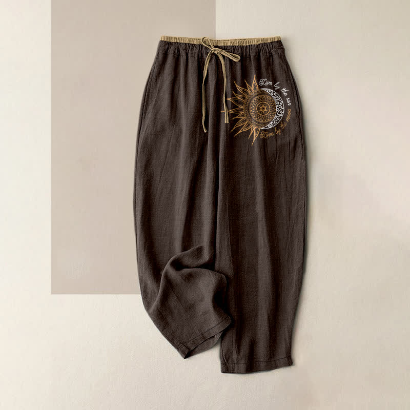 Buddha Stones Pure Cotton Sun and Moon Mandala Pattern Women's Elastic Waist Pants With Pockets - SaddleBrown - US16，UK/AU20，EU48 (3XL) - image 4