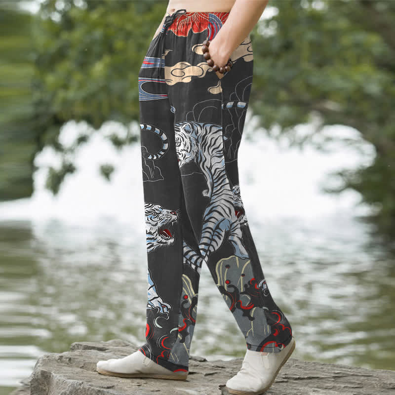 Buddha Stones Cotton White Tiger Cloud Pattern Men's Tapered Pants With Pockets - image 1