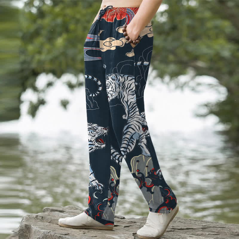 Buddha Stones Cotton White Tiger Cloud Pattern Men's Tapered Pants With Pockets - image 5