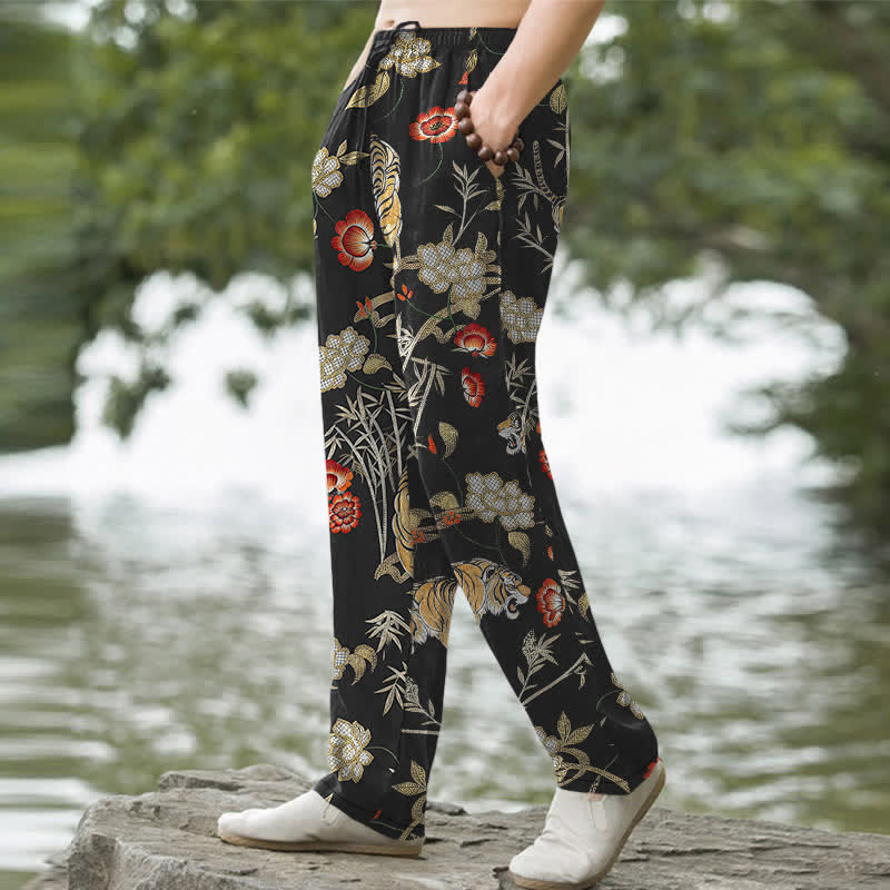 Buddha Stones Cotton Tiger Floral Bamboo Pattern Men's Tapered Pants With Pockets - image 1