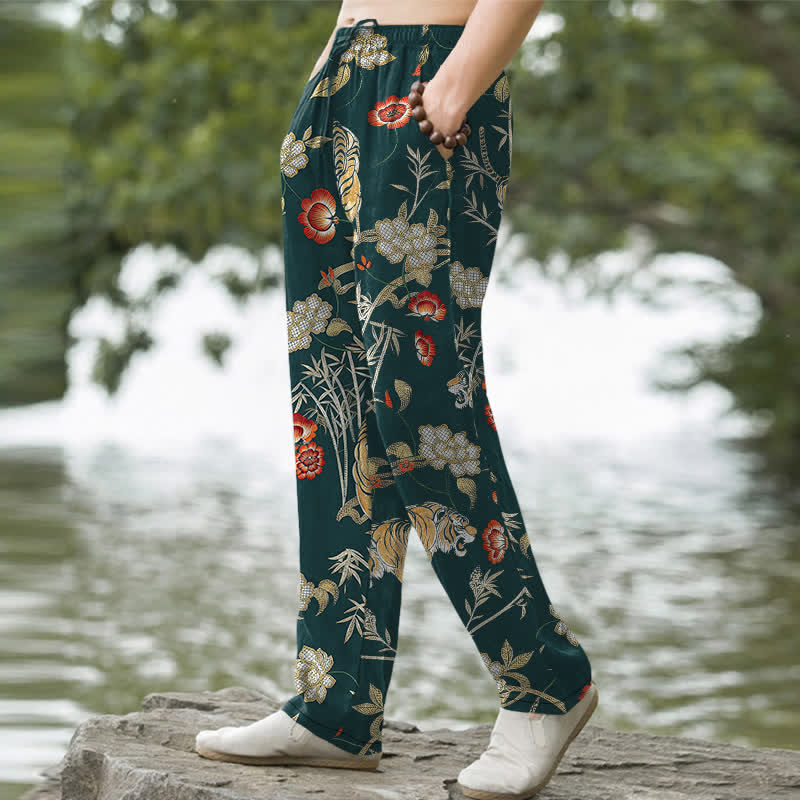 Buddha Stones Cotton Tiger Floral Bamboo Pattern Men's Tapered Pants With Pockets - image 5