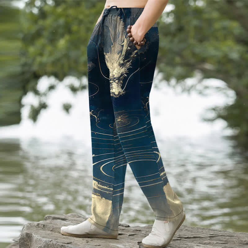 Buddha Stones Cotton Golden Dragon Wave Pattern Men's Tapered Pants With Pockets - image 1