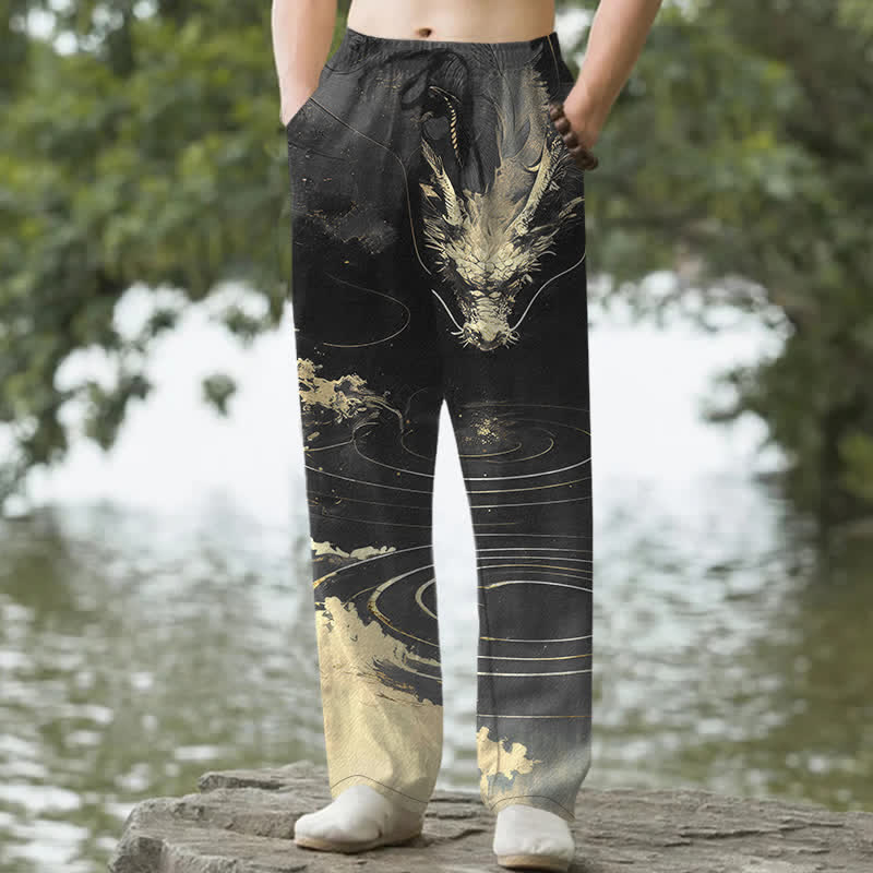 Buddha Stones Cotton Golden Dragon Wave Pattern Men's Tapered Pants With Pockets - Black - US/UK/AU50，EU60 (5XL) - image 4