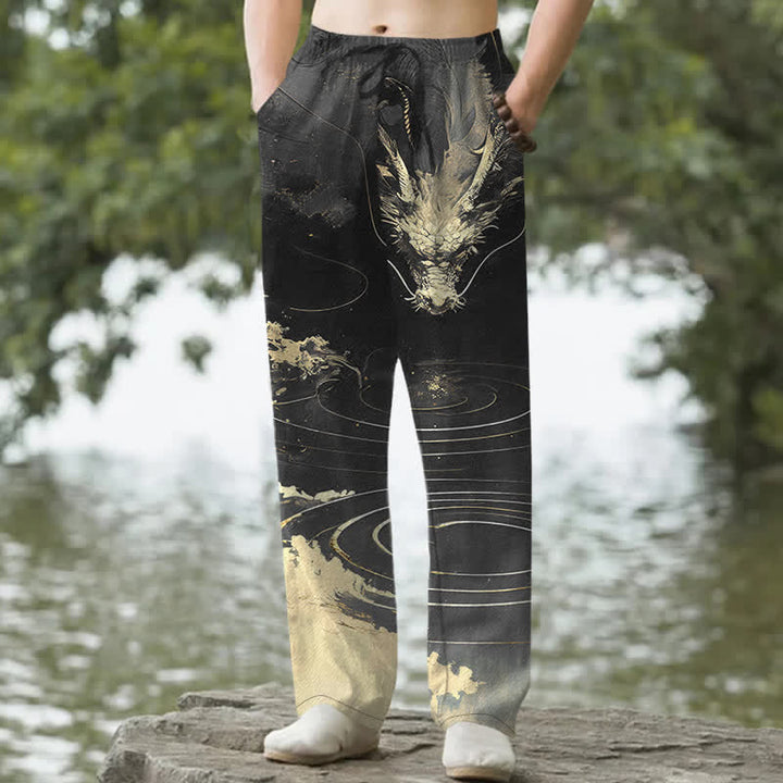 Buddha Stones Cotton Golden Dragon Wave Pattern Men's Tapered Pants With Pockets - Black - US/UK/AU50，EU60 (5XL) - image 4