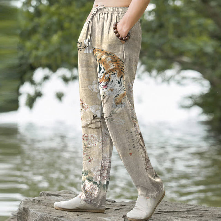 Buddha Stones Cotton Vintage Tiger Floral Ink Pattern Men's Tapered Pants With Pockets - image 1
