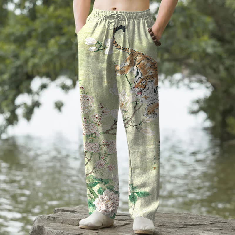 Buddha Stones Cotton Vintage Tiger Floral Ink Pattern Men's Tapered Pants With Pockets - PaleGreen - US/UK/AU50，EU60 (5XL) - image 4