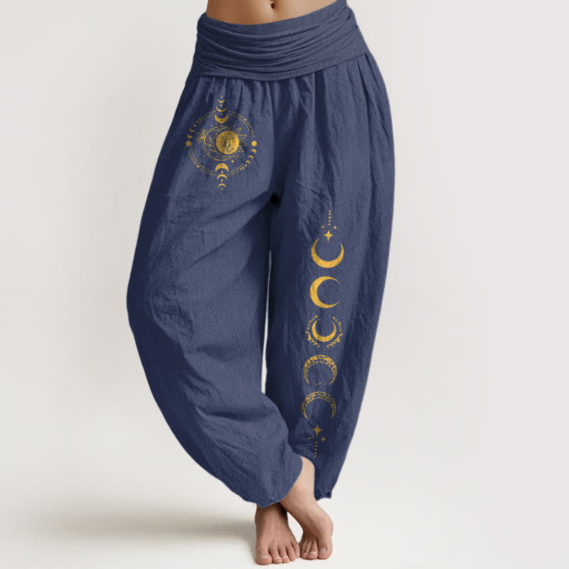 Buddha Stones Pure Cotton Golden Moon Phase Pattern Women's Elastic Waist Harem Pants - DarkSlateBlue - US16，UK/AU20，EU48 (3XL) - image 8