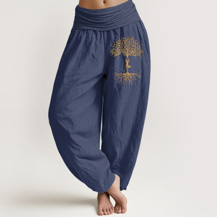 Buddha Stones Pure Cotton Golden Tree of Life Pattern Women's Elastic Waist Harem Pants - DarkSlateBlue - US16，UK/AU20，EU48 (3XL) - image 5